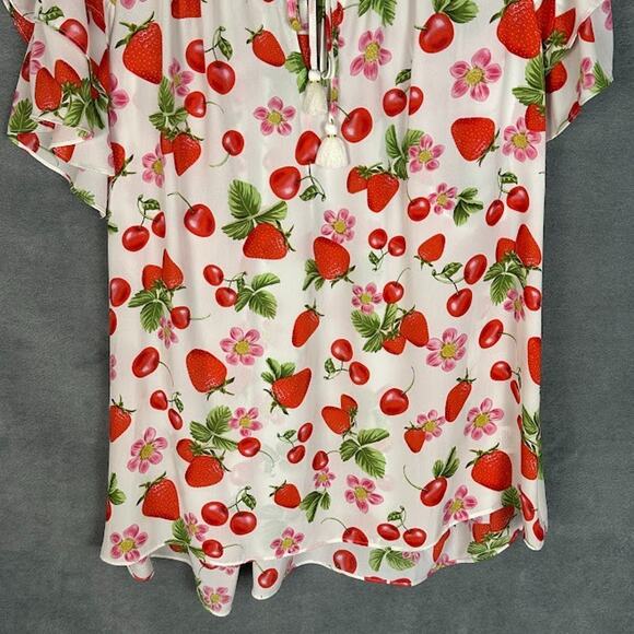 Rose Olive Top Womens 1X White Strawberry Cherry Ruffle Summer Preppy Whimsy - Picture 3 of 14